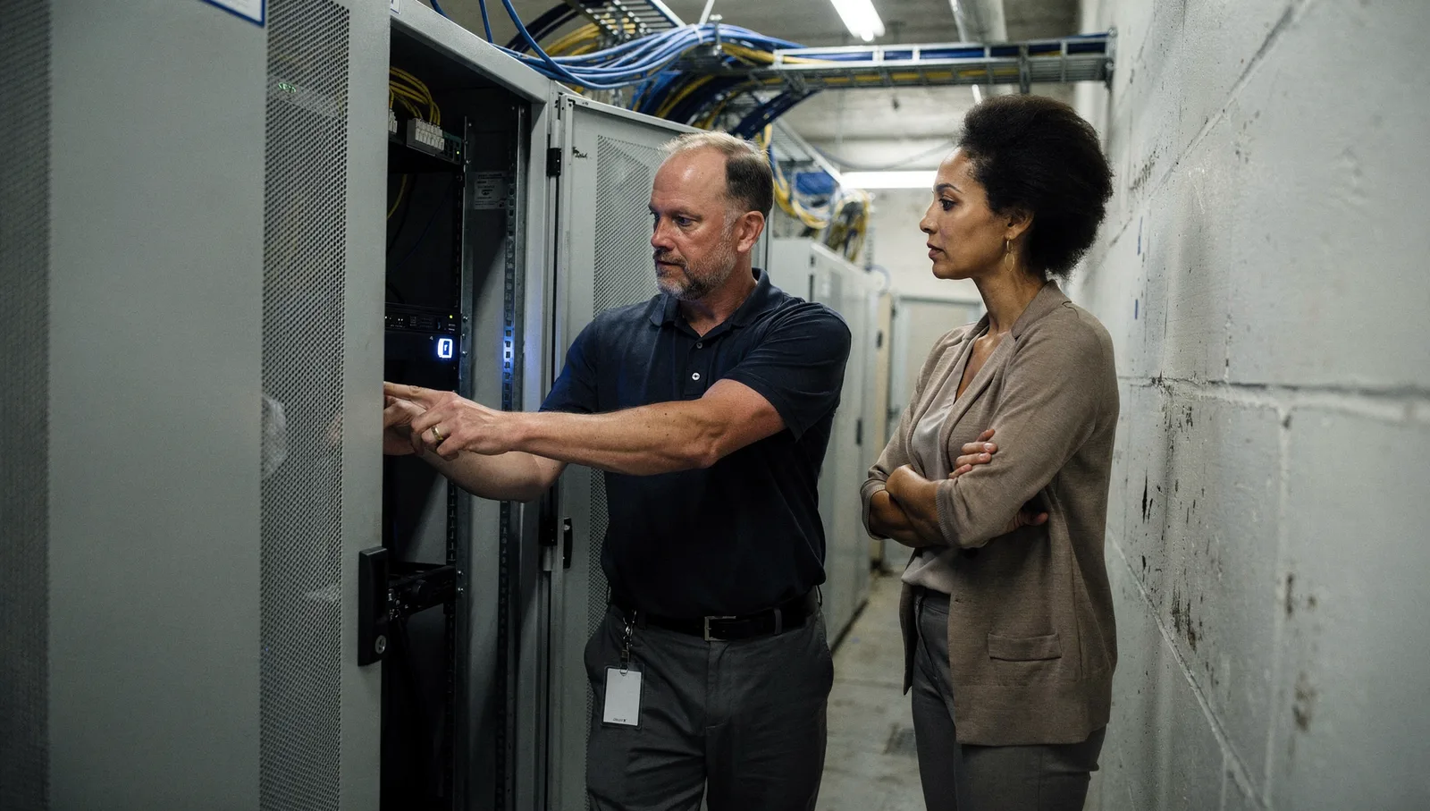 Two IT professionals conferring by an open server rack in a brightly lit data corridor with overhead cabling.