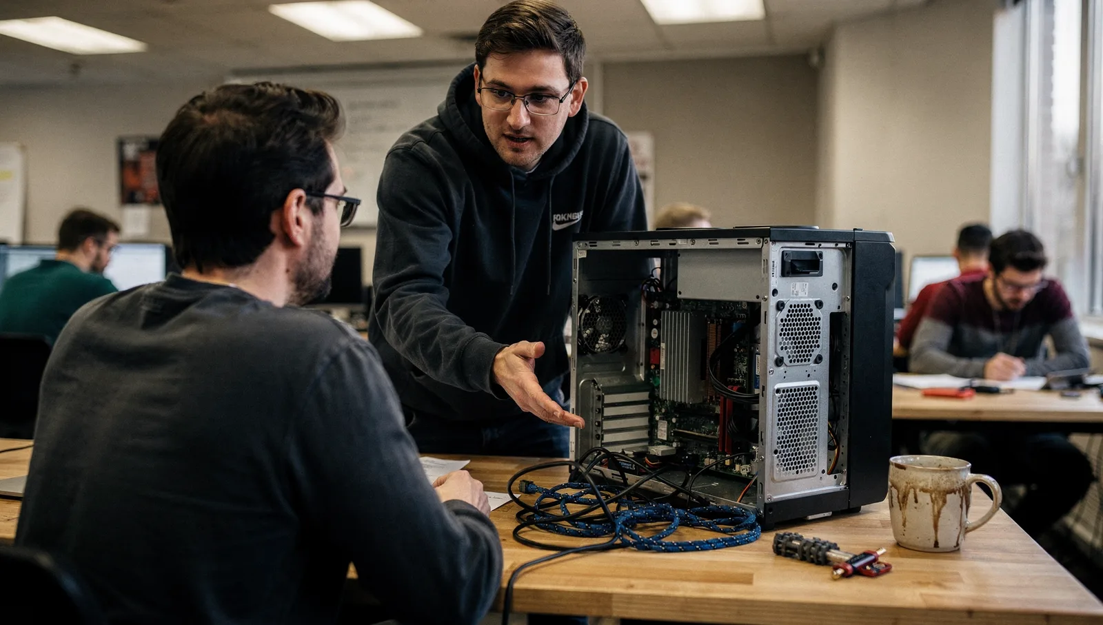 Zwei Ingenieure beraten sich über einem geöffneten Desktop-Computer-Gehäuse mit freiliegenden Komponenten und Kabelsalat auf einem Schreibtisch.