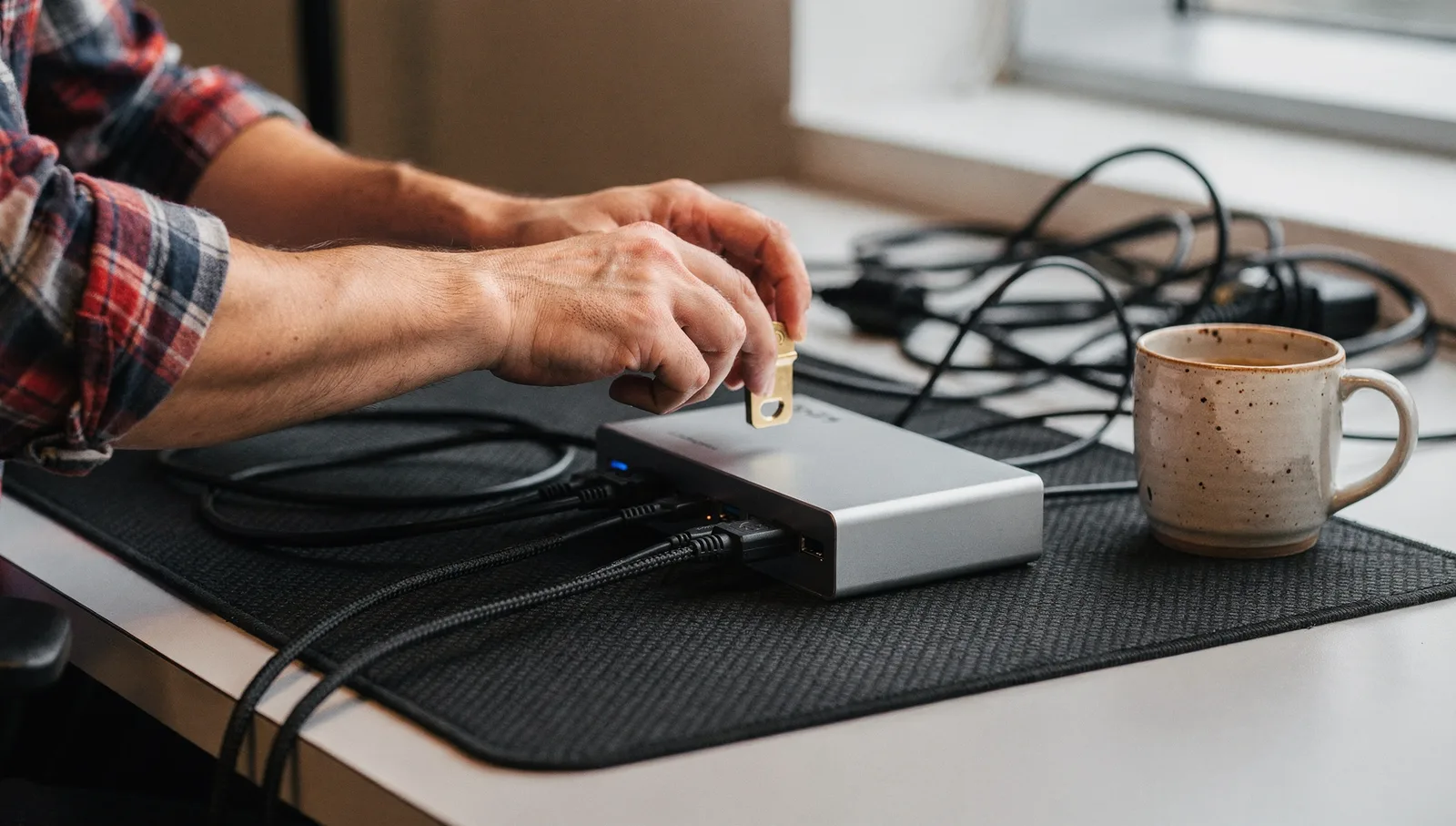 Close-up of a person inserting a hardware security key into a desktop USB hub beside a coffee mug.
