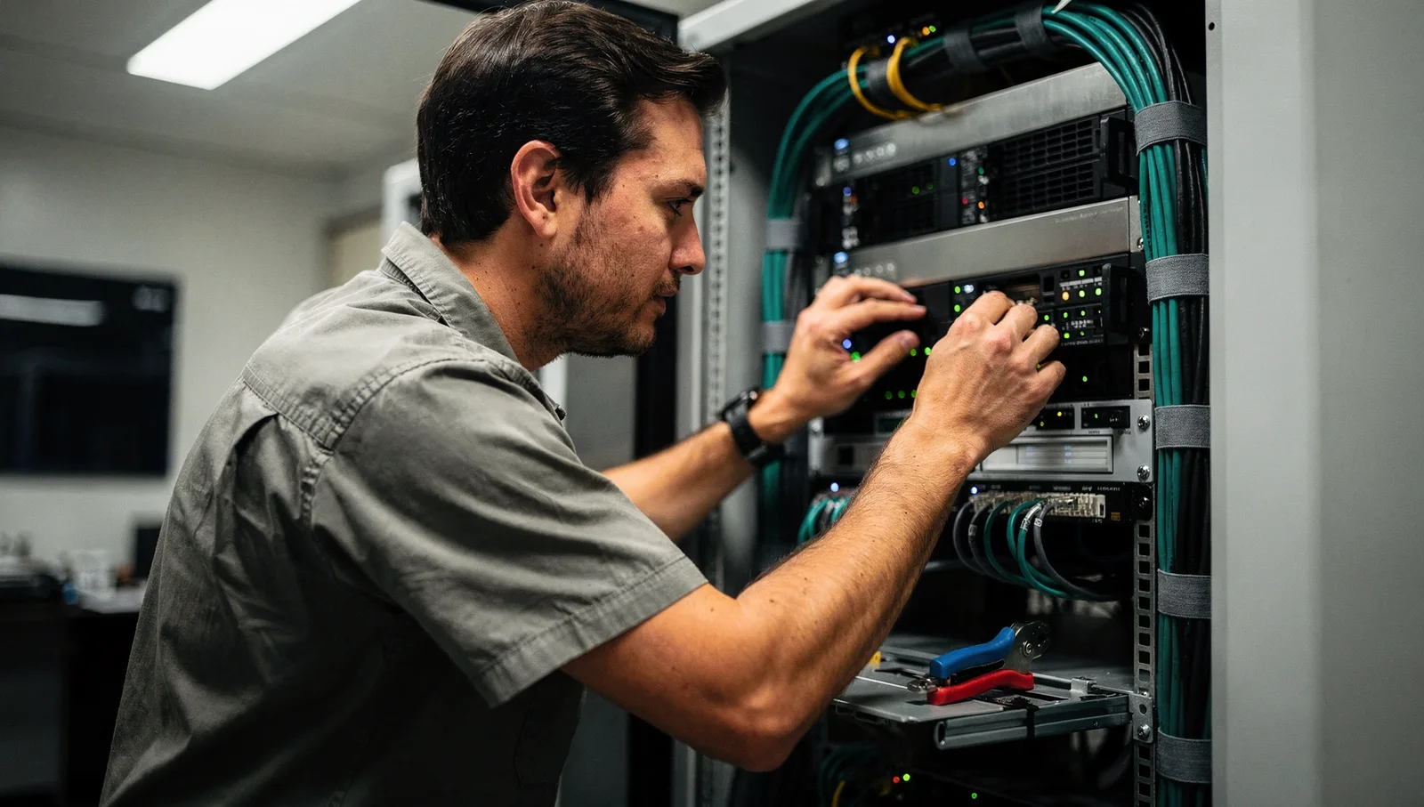 An engineer in a server closet traces an ethernet cable running through a modular rack cabinet with glowing status LEDs.