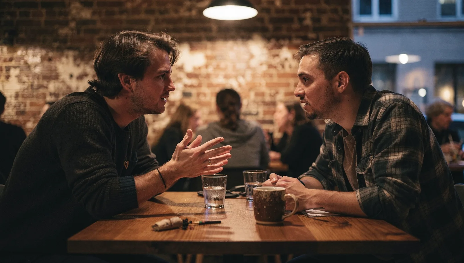 Two people talking intently across a high-top wooden table in a dimly lit cafe with exposed brick walls.