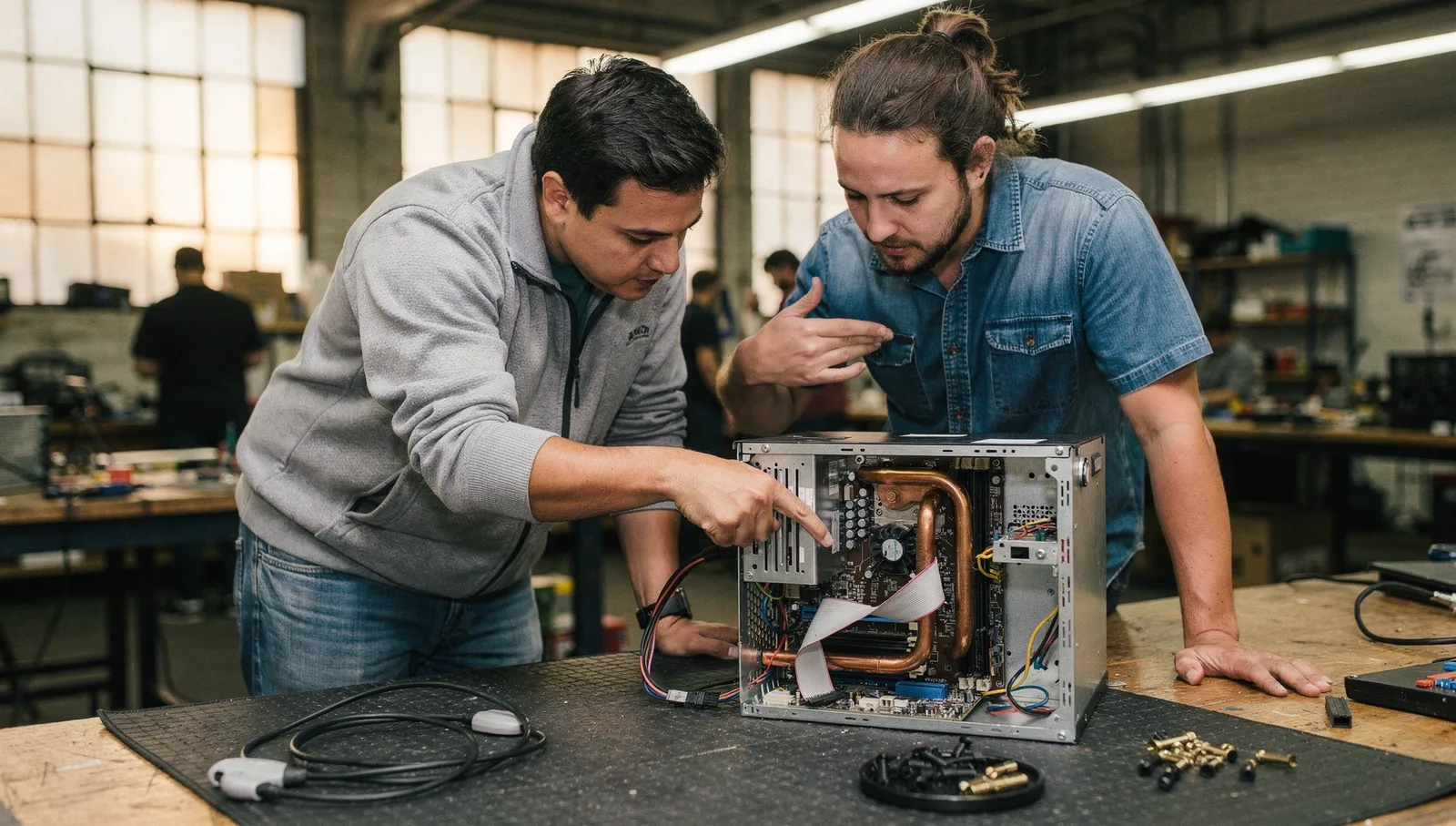 Two people leaning over an open server chassis on a workbench, discussing hardware in a workshop.