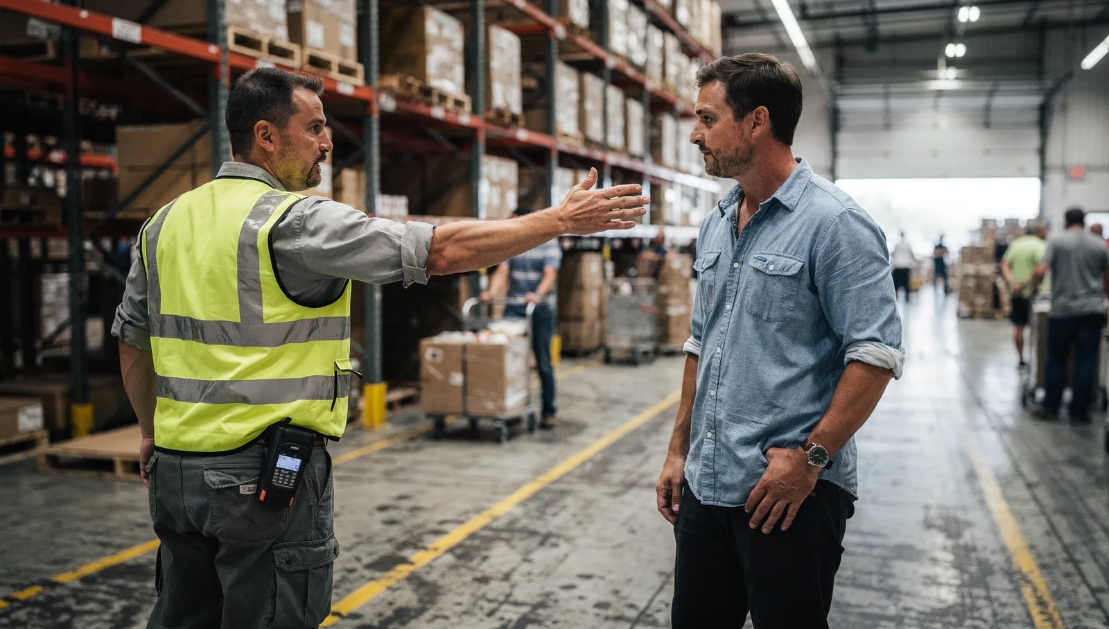 A person in a chambray shirt talks with a warehouse worker in a high-vis vest beside rows of storage racks.
