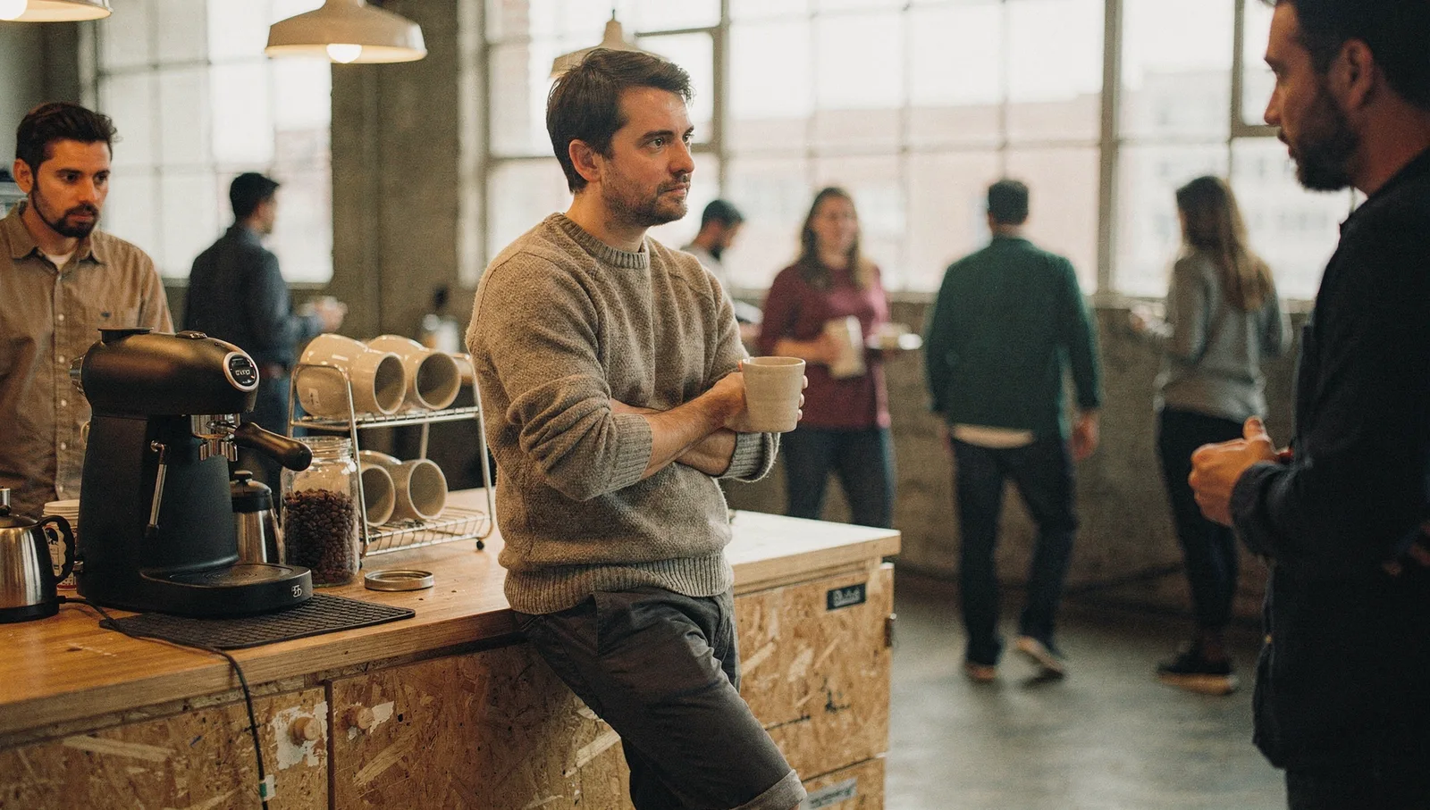 A man in a wool sweater holds a mug and listens closely while leaning against an island in an office kitchenette.