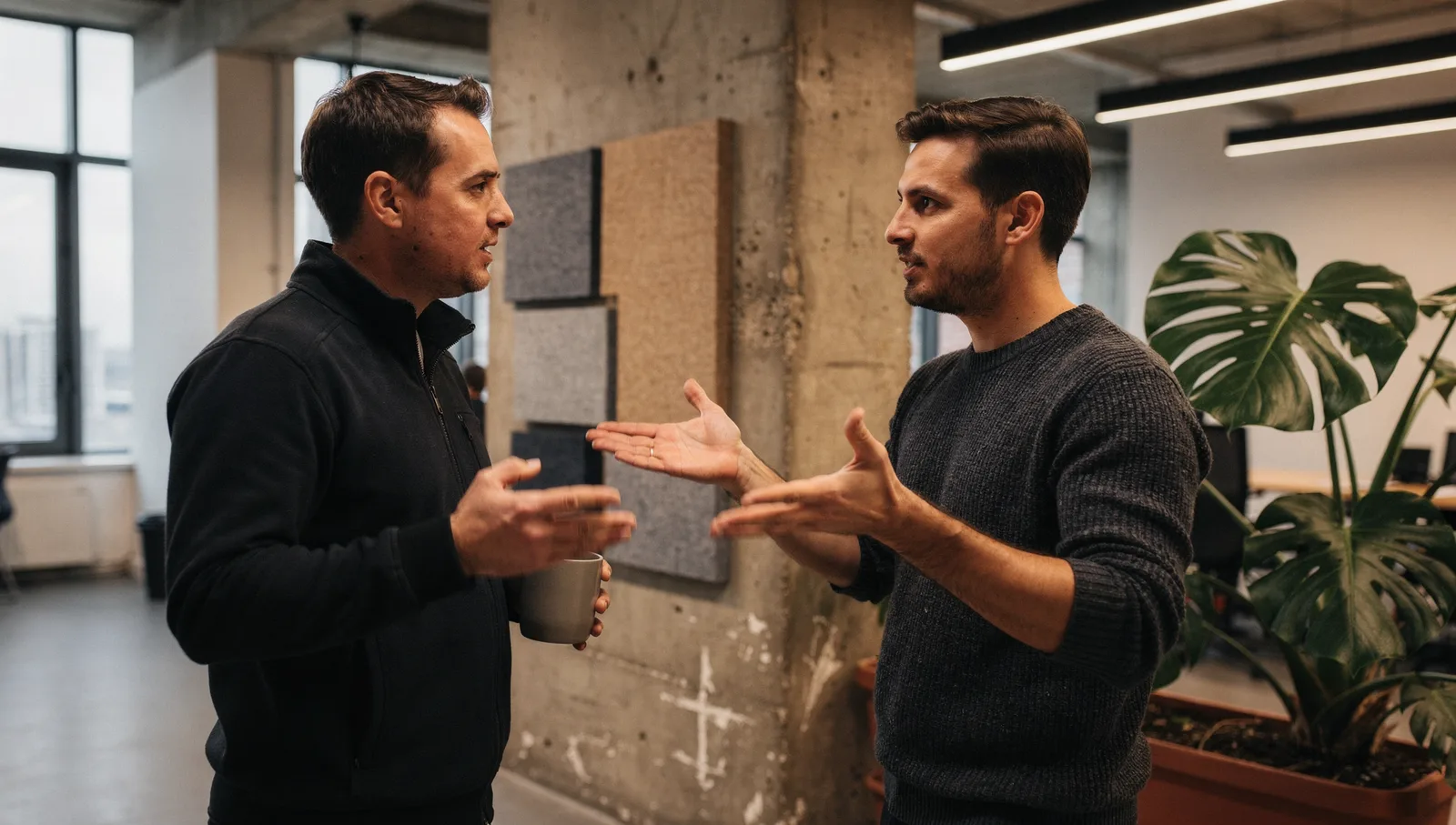 Two engineers in an office alcove discuss system architecture, one gesturing layers with flattened hands.