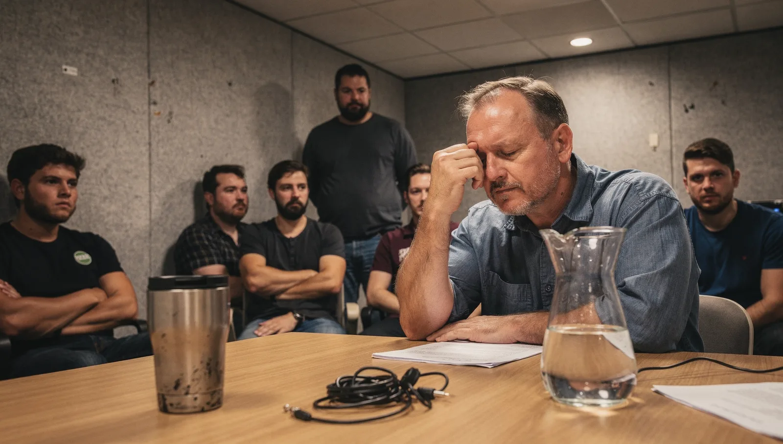 A man pinches the bridge of his nose at a wooden meeting table with a travel mug, headset, and water carafe.