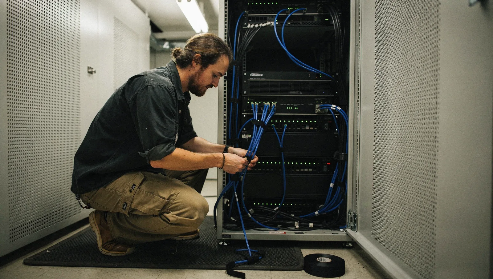 An engineer crouches beside an open server rack, securing blue patch cables with velcro ties in a lab.