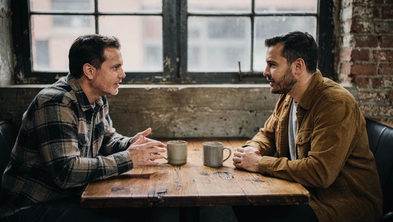 Two men in casual clothing talk across a wooden cafe table with ceramic coffee mugs between them.