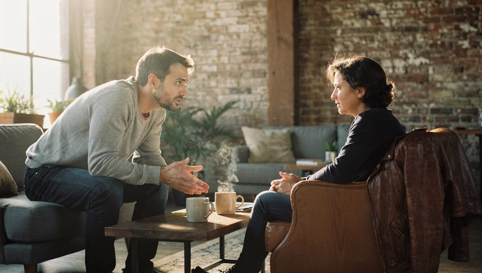 A man in a grey sweater leans forward over a coffee table, talking with a client in a sunlit co-working lounge.