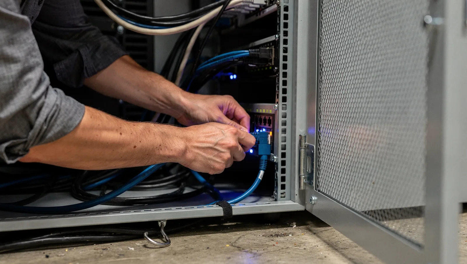 Engineer plugging a blue network cable into a patch panel inside a compact server rack in a dim IT closet.