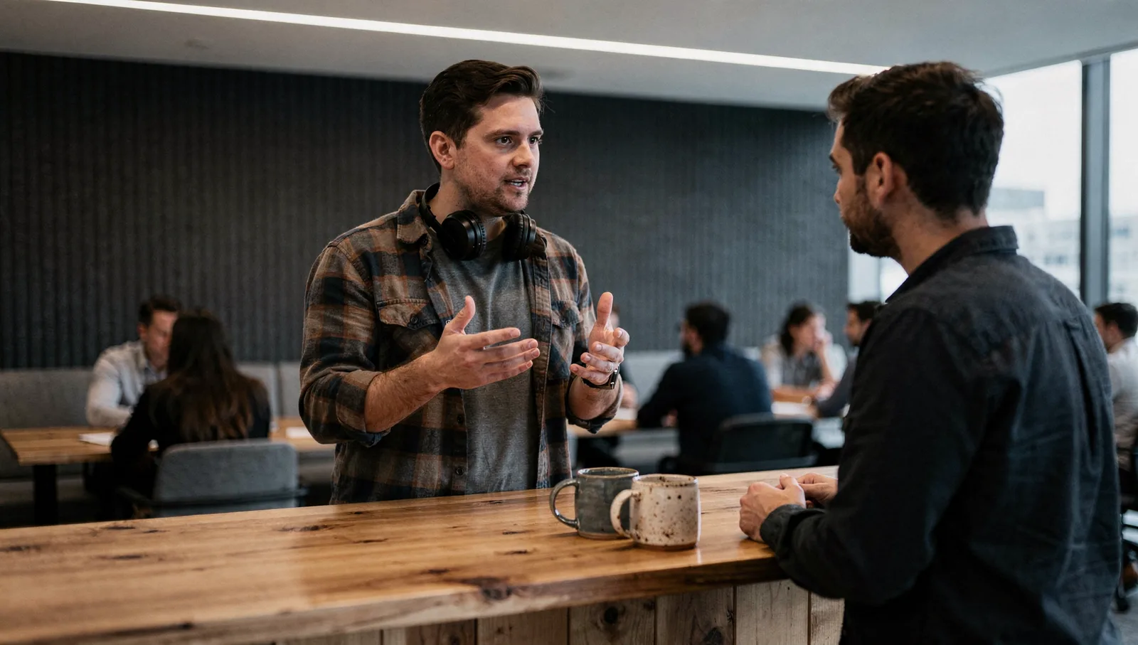 Engineer gesturing during a discussion with a coworker by a standing counter in a modern software office.