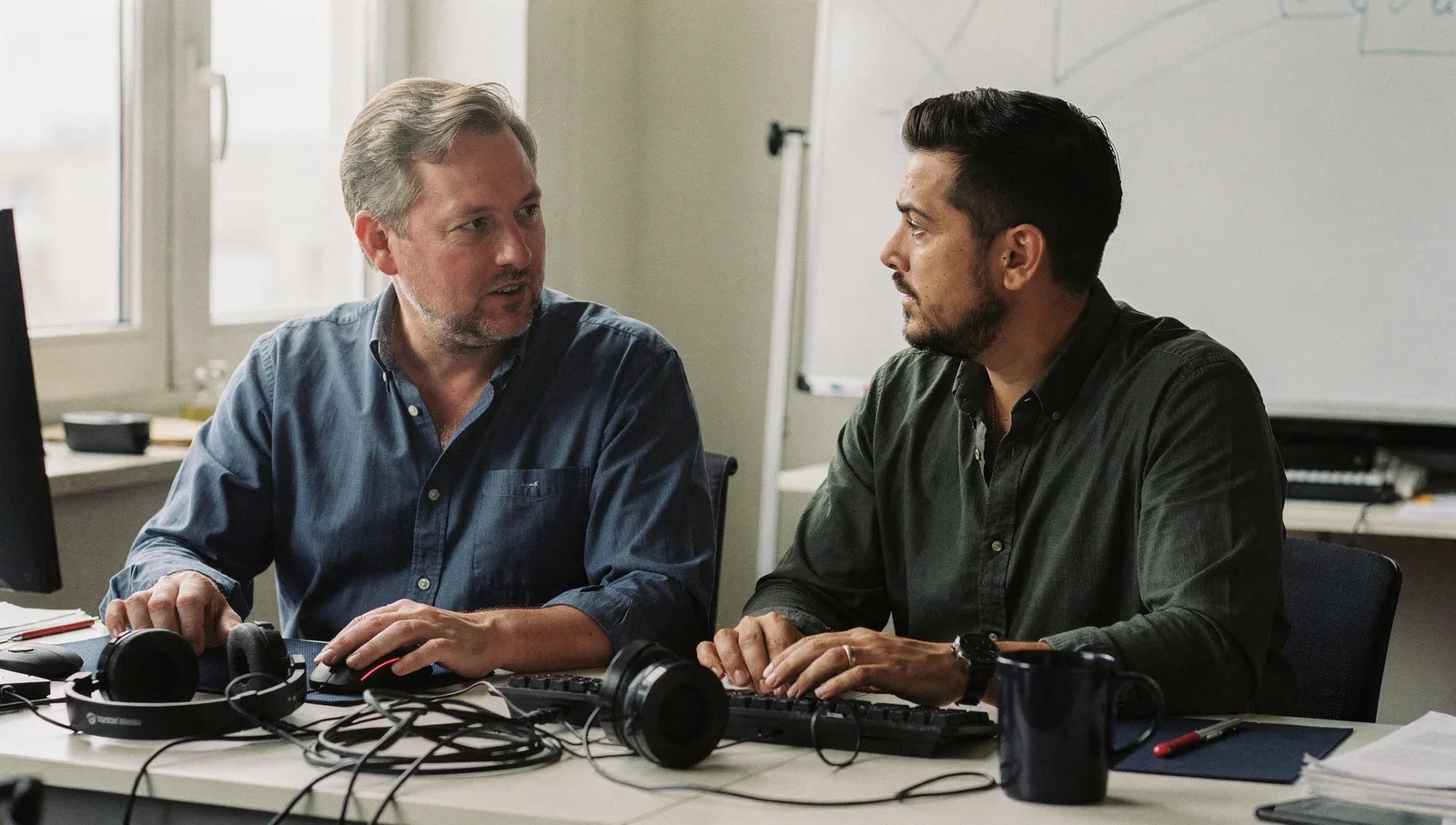 Two professionals having a discussion in a bright, modern office workspace.