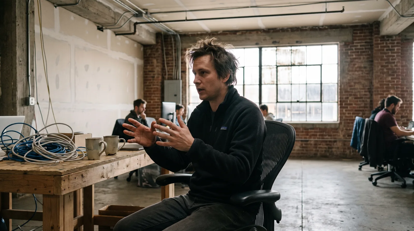 A founder in a fleece sits in an office chair, gesturing with both hands during a discussion in a sparse loft office.