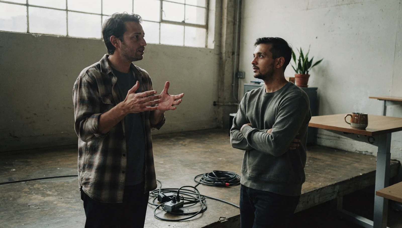 Two software engineers discussing work while standing by a desk in a converted warehouse office.