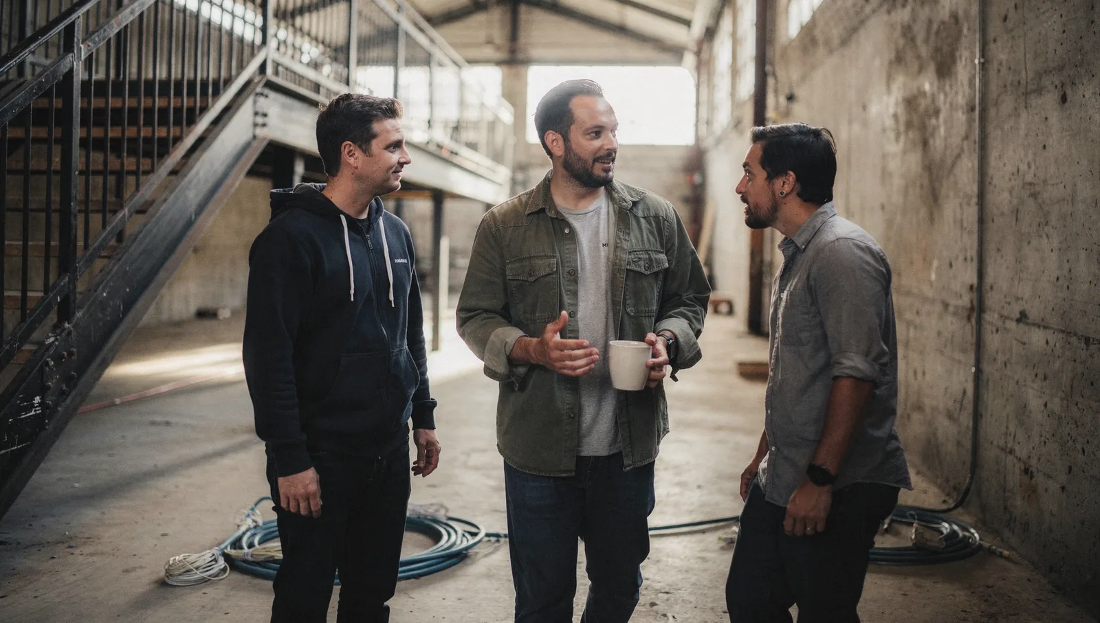 A founder holding a mug talks with an engineer while walking down an industrial corridor in morning light.