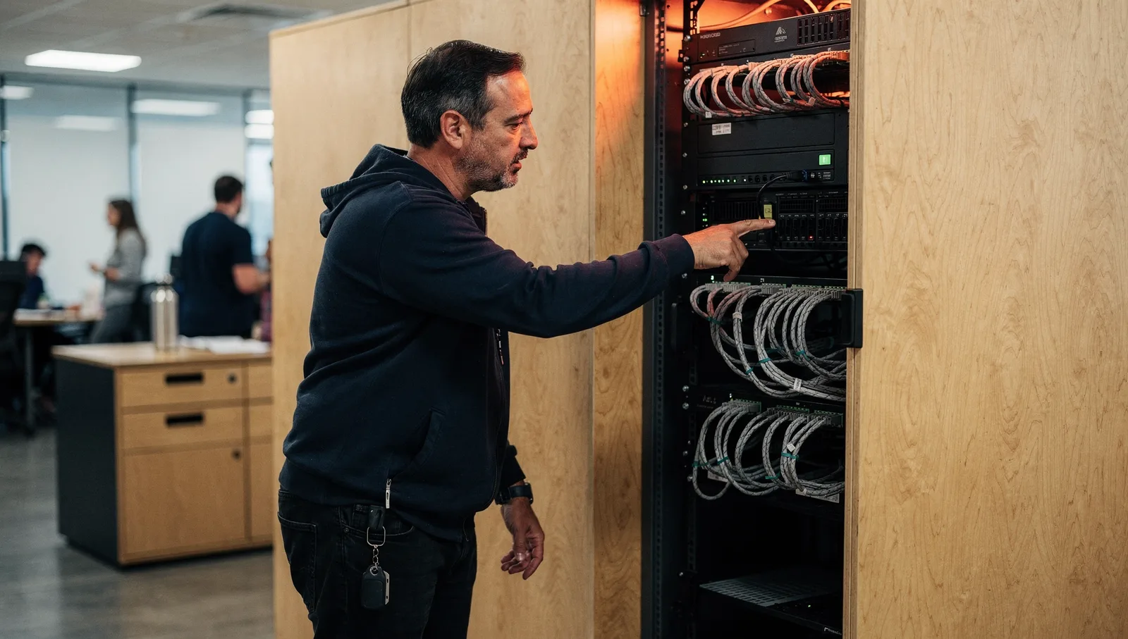 An engineer in a hoodie pointing toward an office server rack with glowing indicator lights beside a wooden divider.