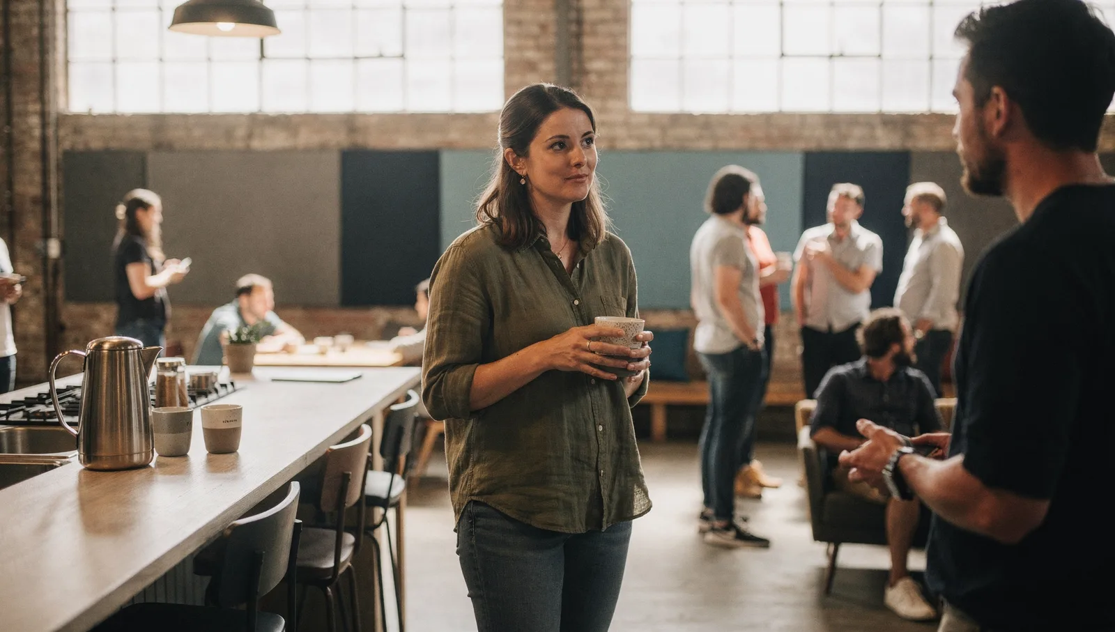 Woman holding a coffee mug and listening to a colleague in a bright startup accelerator lounge.