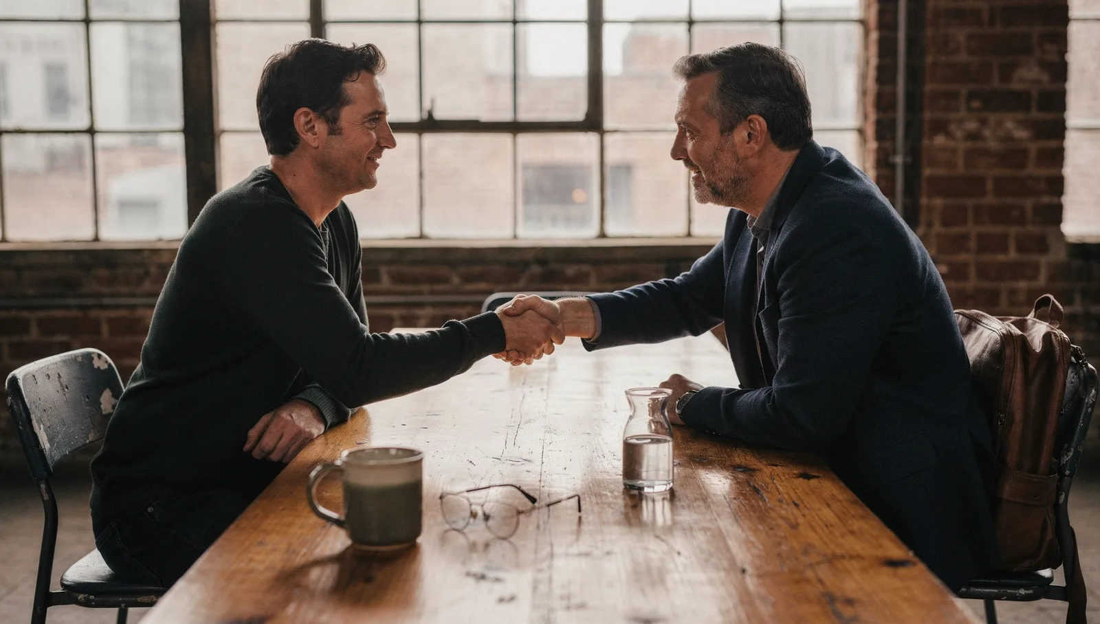 A tech founder and an investor shaking hands across a wooden workbench in a naturally lit warehouse office.