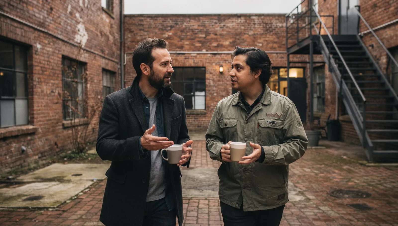 Two founders holding coffee mugs and talking in a brick courtyard between converted warehouse startup offices.
