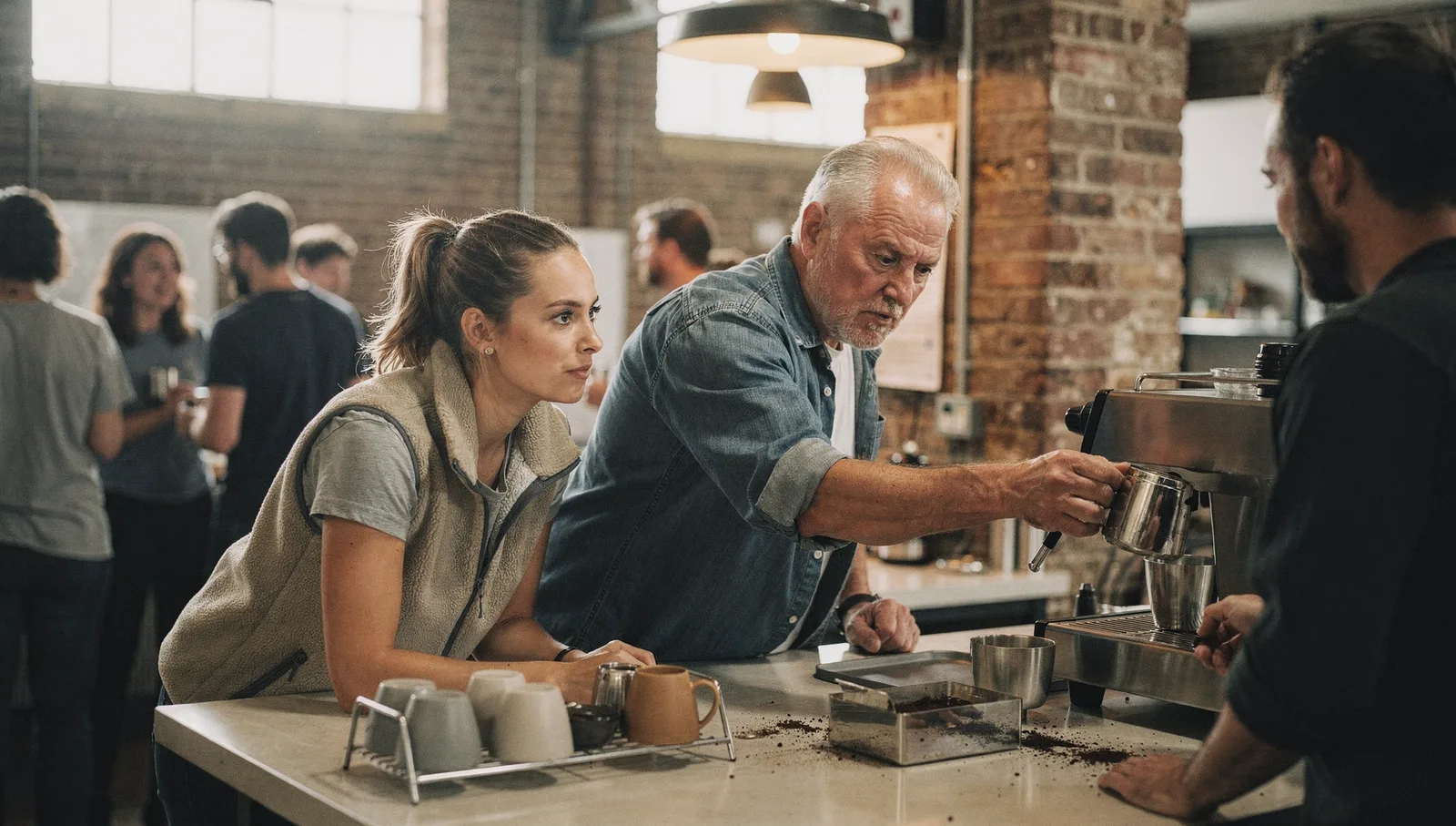 Two colleagues in a tech incubator kitchen talking by an espresso machine while preparing coffee.