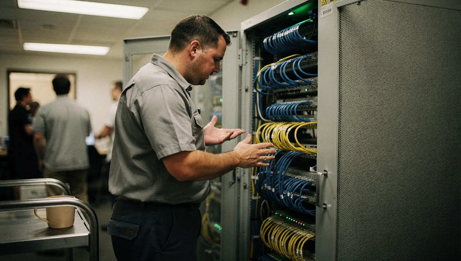 An engineer examines colorful network patch cables at the back of an open server rack in a staging closet.